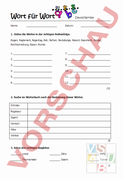 Arbeitsblatt: Probe Wort Fr Wort - Deutsch - Anderes Thema