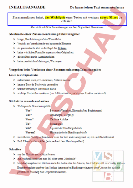 Arbeitsblatt: Inhaltsangabe - Deutsch - Texte schreiben