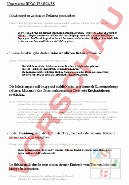 Arbeitsblatt: Inhaltsangabe - Übungsblatt - Deutsch - Texte schreiben
