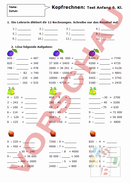 Arbeitsblatt: Kopfrechnen - Mathematik - Anderes Thema