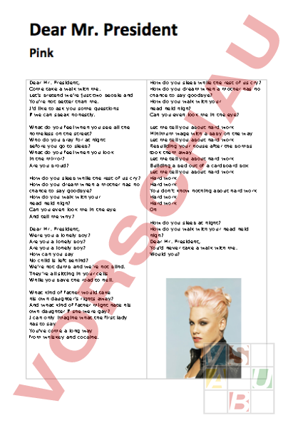 Songtext Pink Dear Mr President Arbeitsblatt: Dear Mr President von PINK - Musik - Musik / Bewegung