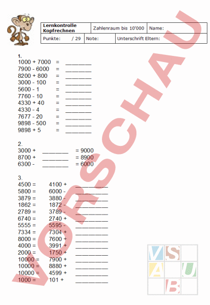 Arbeitsblatt: Kopfrechnen bis 10'000 - Mathematik - Zahlenbereiche