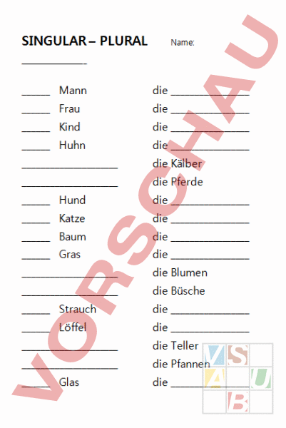 Arbeitsblatt: Singular - Plural - Deutsch - Rechtschreibung