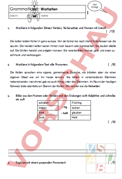Arbeitsblatt: Wortarten Test - Deutsch - Grammatik