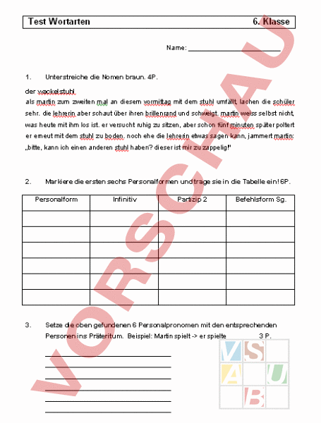 Arbeitsblatt: Test Wortarten - Deutsch - Grammatik