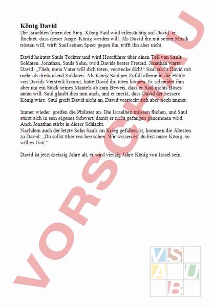 Arbeitsblatt: König David - Lebenskunde - Religionslehre / Bibel
