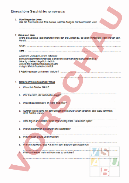 Arbeitsblatt: Fragen zu : Eine schöne Geschichte - Deutsch