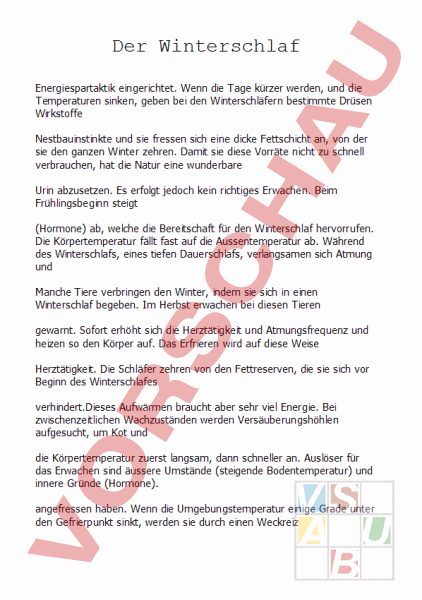 Arbeitsblatt: Winterschlaf - Biologie - Tiere