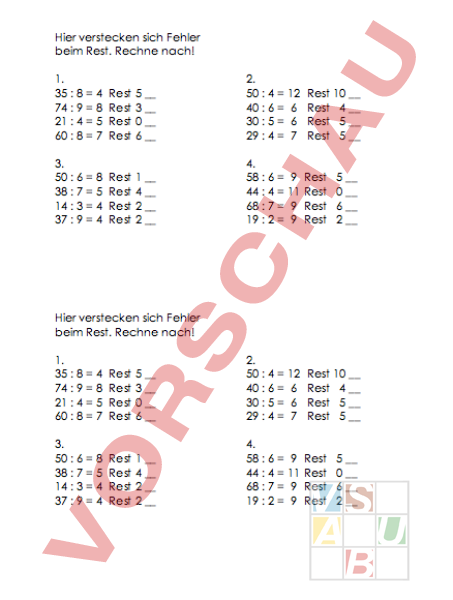 Arbeitsblatt: Teilen mit Rest - Mathematik - Division