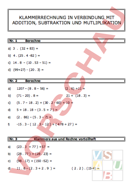 Arbeitsblatt: Klammerrechnungen - Mathematik - Gemischte Themen