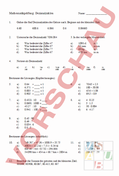 Arbeitsblatt: Prüfung Dezimalzahlen, Masseinheiten, Brüche ...
