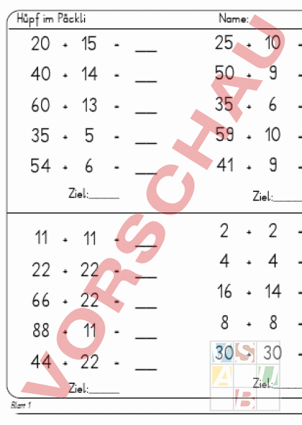 Arbeitsblatt: Hüpf im Päckli - Mathematik - Addition