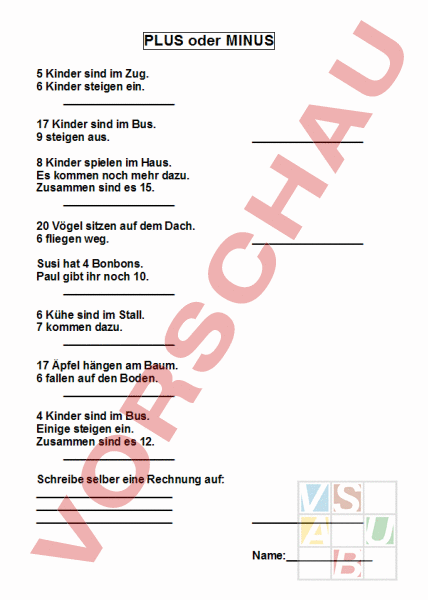 Arbeitsblatt: Plus oder Minus - Mathematik - Satzaufgaben
