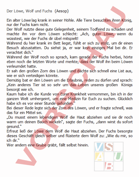 Arbeitsblatt: Löwe, Wolf und Fuchs - Deutsch - Textverständnis