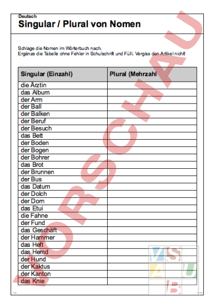 Arbeitsblatt: Nomen Singular - Plural - Deutsch - Grammatik