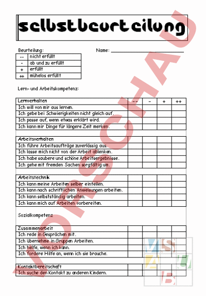 Arbeitsblatt: Selbstbeurteilung - Lebenskunde - Persönlichkeitsentwicklung