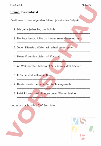 Arbeitsblatt Subjekt Deutsch Grammatik