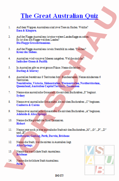 Arbeitsblatt: The Great Australian Quiz - Geographie - Anderes Thema