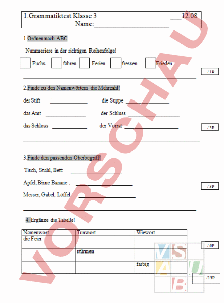Arbeitsblatt: Grammatiktest Klasse 3 - Deutsch - Grammatik