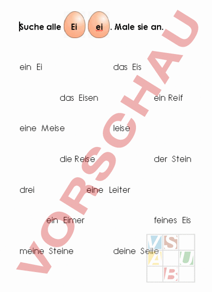 Arbeitsblatt: Buchstabengruppe Ei im Wort erkennen - Deutsch - Erstlesen