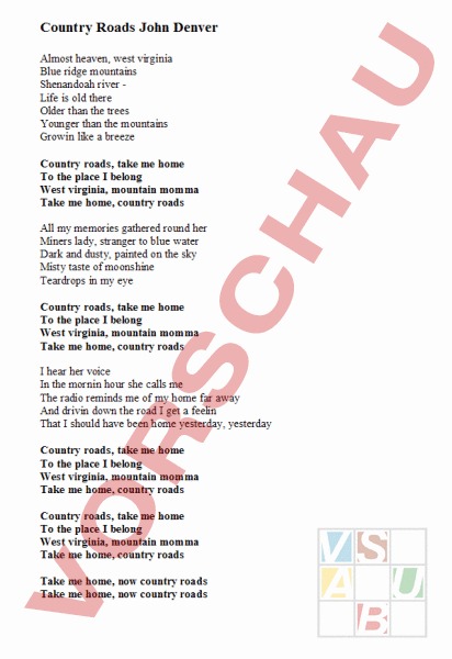  Arbeitsblatt: Country Roads John Denver - Musik - Singen / Lieder 