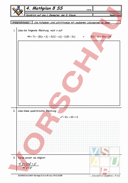 Arbeitsblatt Repetition 1 Semester Mathematik Gemischte Themen