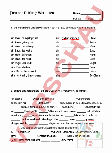 Arbeitsblatt: Wortarten Test - Deutsch - Grammatik