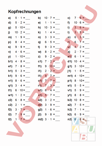 Arbeitsblatt: kopfrechnungen - Mathematik - Multiplikation