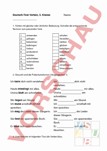 Arbeitsblatt: Verben-Test 5. Klasse - Deutsch - Grammatik