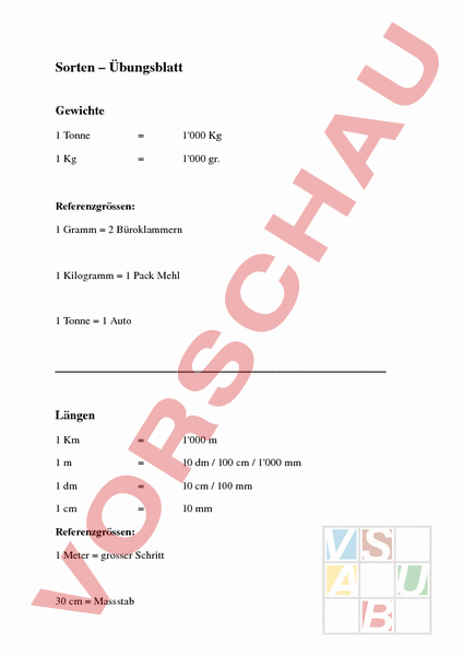 Arbeitsblatt: Sortenblatt - Mathematik - Sachrechnen / Grössen
