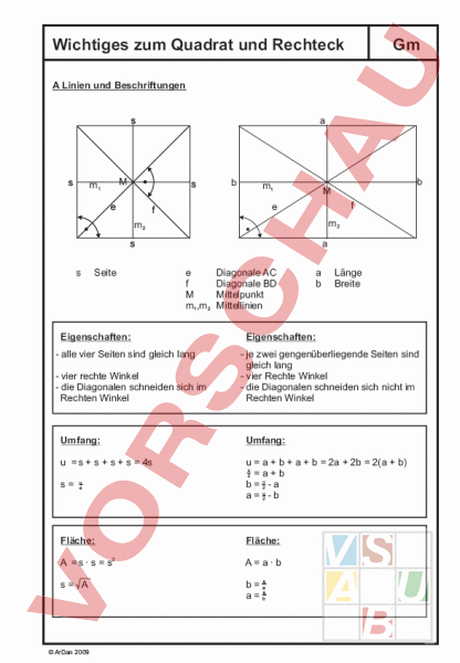Arbeitsblatt: Theorie zum Quadrat und Rechteck - Geometrie - Flächen