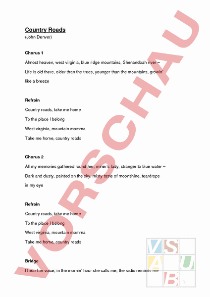  Arbeitsblatt: Country Roads - Musik - Singen / Lieder Bildidee 