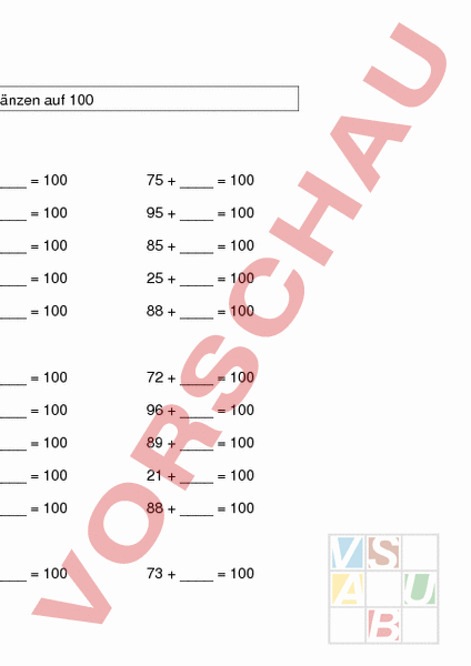 Arbeitsblatt: Ergänzen bis 100 - Mathematik - Addition