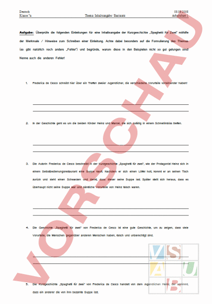 Arbeitsblatt: Einleitungen Inhaltsangabe - Deutsch - Texte schreiben