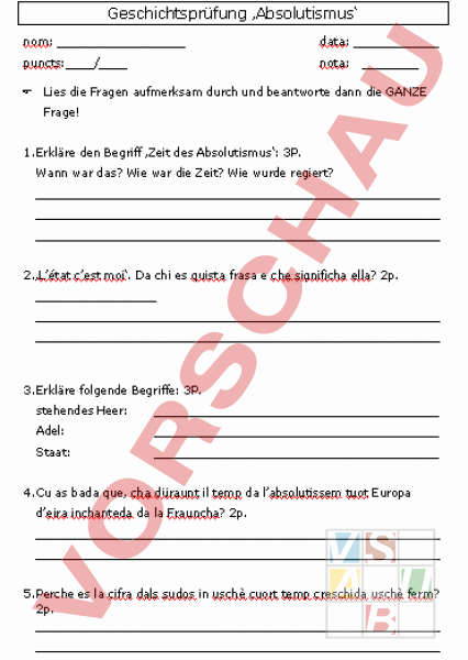 Arbeitsblatt Prufung Absolutismus Geschichte Anderes Thema
