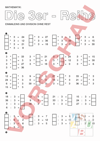 Arbeitsblatt: Die 3er - Reihe Einmaleins und Division ohne Rest