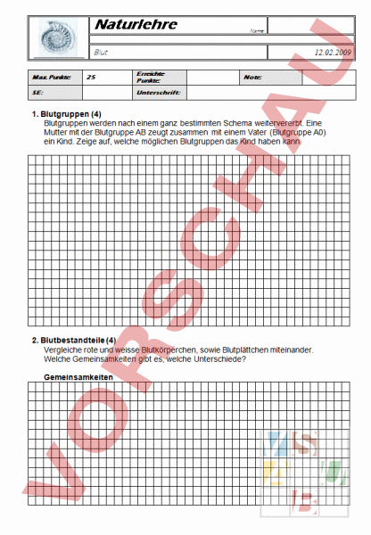Arbeitsblatt Blut Prufung 1 Biologie Anderes Thema