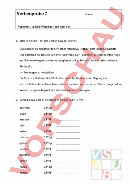 Arbeitsblatt: Verbenprobe - Deutsch - Grammatik