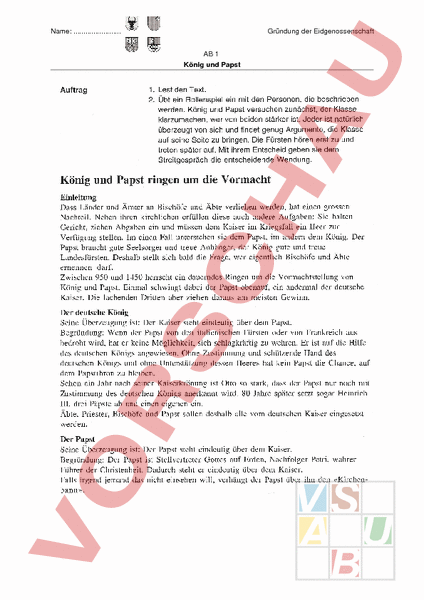 Arbeitsblatt: Knig Und Papst - Geschichte - Schweizer Geschichte