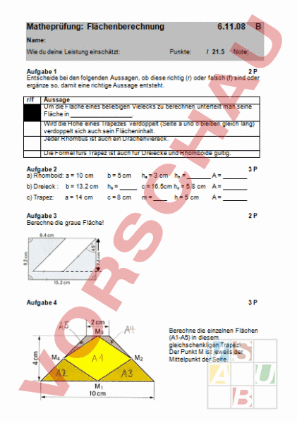 Arbeitsblatt: Prüfung Flächenberechnung - Geometrie - Flächen