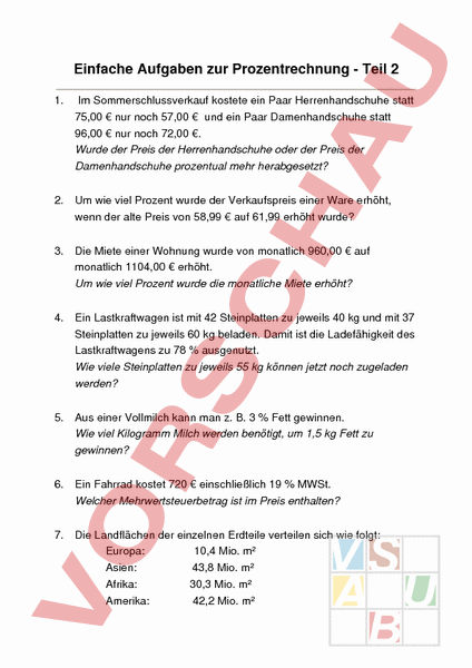 Arbeitsblatt: Einfache Uebungen zur Prozentrechnung - Mathematik