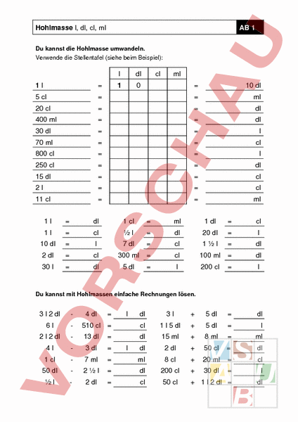 Arbeitsblatt Hohlmasse Mathematik Sachrechnen Grossen