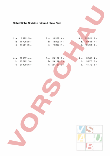 Arbeitsblatt: Schriftliche Division mit und ohne Rest - Mathematik