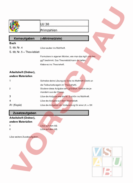 Arbeitsblatt: LU 30 Primzahlen - Mathematik - Anderes Thema
