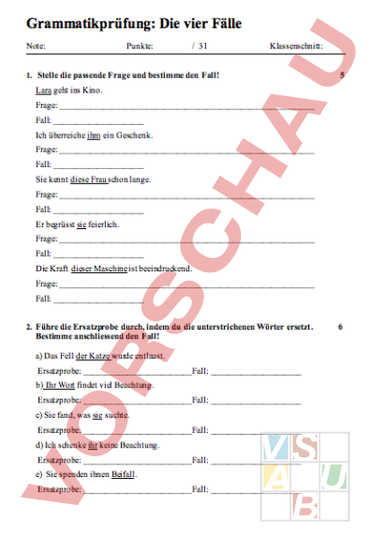Arbeitsblatt: Test Die vier Fälle - Deutsch - Grammatik