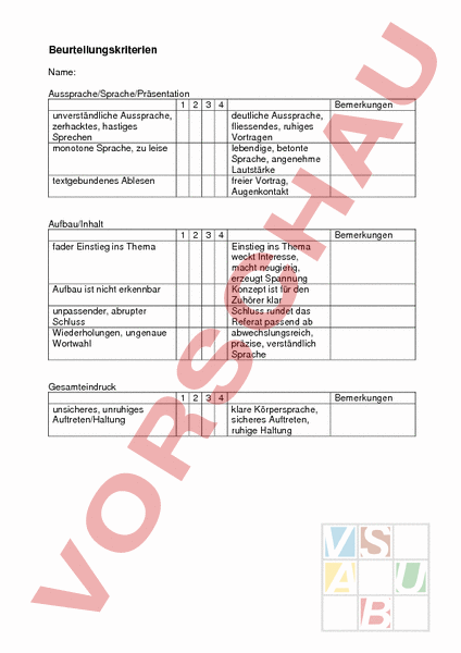 Arbeitsblatt: Beurteilungskriterien Referat - Deutsch - Anderes Thema