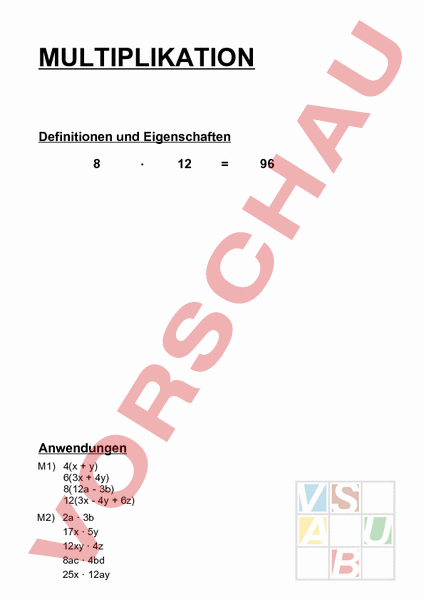 Arbeitsblatt: Einführung - Mathematik - Multiplikation