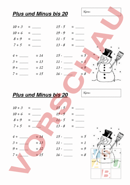 Arbeitsblatt: Plus und Minus bis 20 - Mathematik - Gemischte Themen
