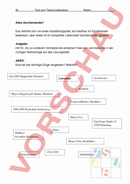 Arbeitsblatt: Test Lebenslauf - Lebenskunde - Berufswahl