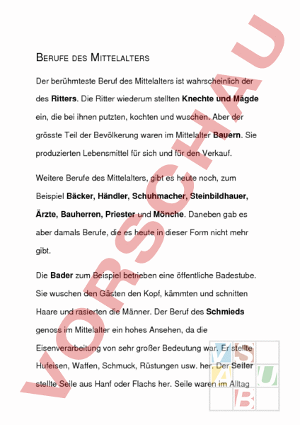 Arbeitsblatt: Berufe des Mittelalters - Geschichte - Mittelalter